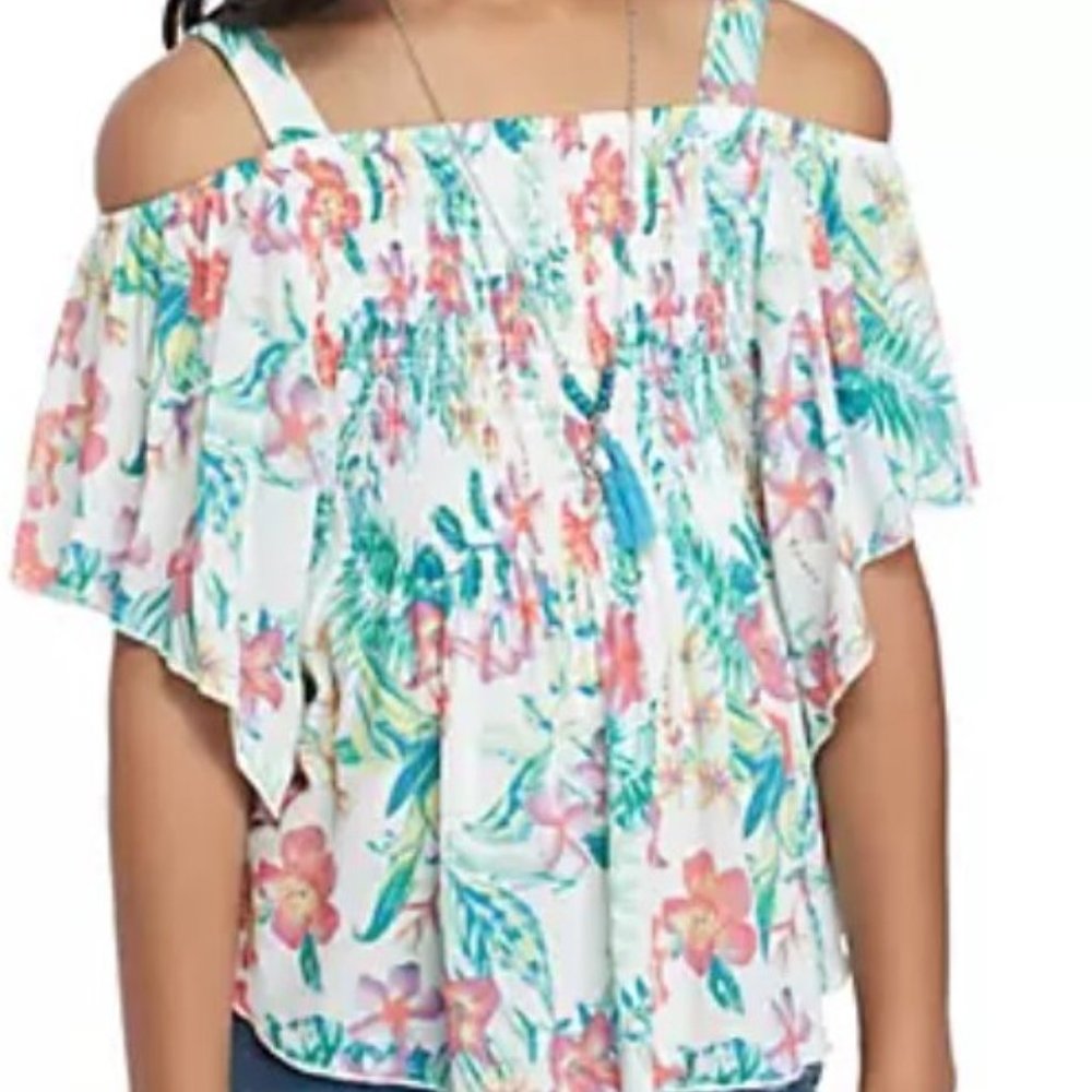 Girls Tropical Print Off-the-Shoulder Blouse by Belle du Jour